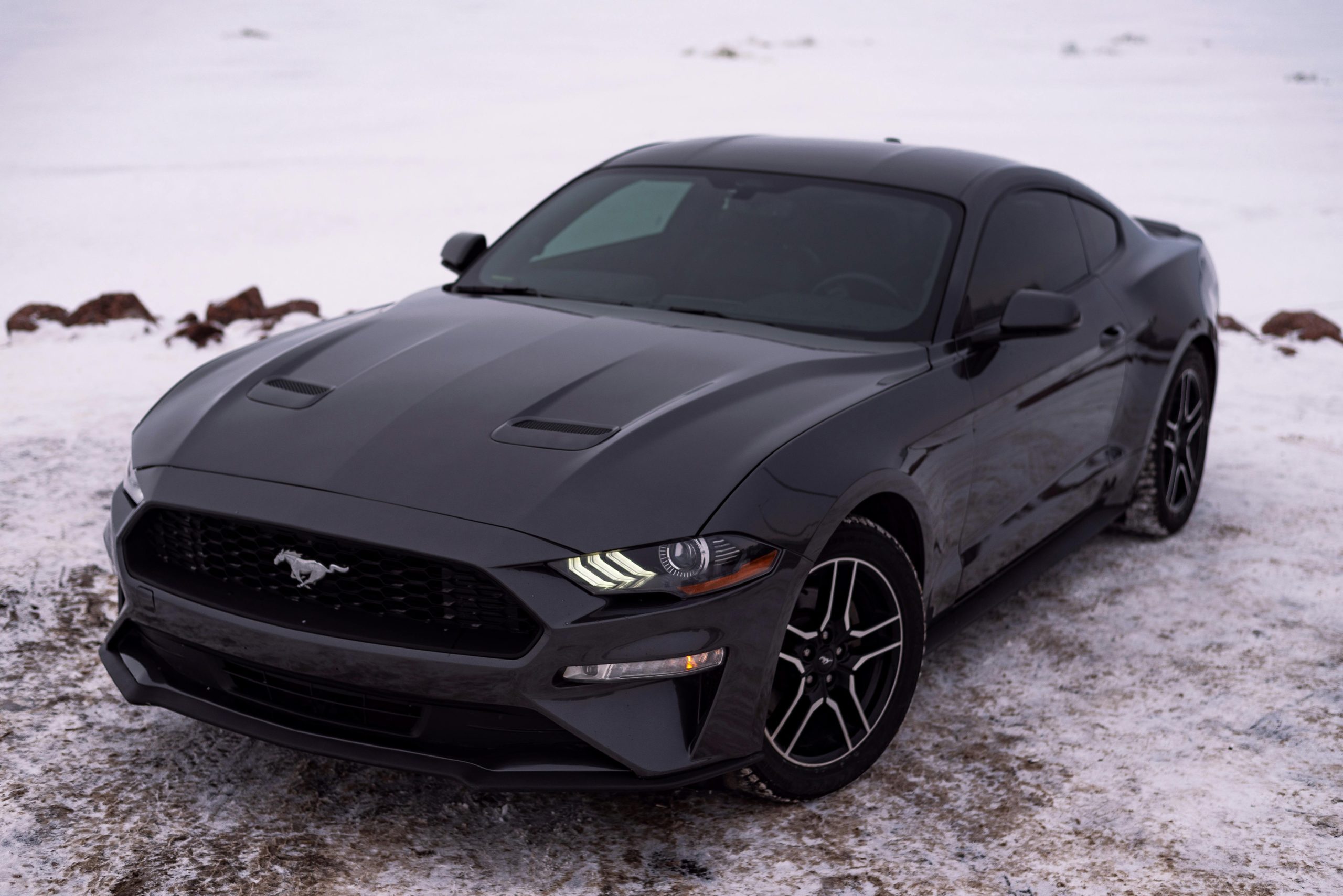Black Ford Mustang Car on a Snow Covered Road